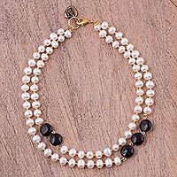Gold plated cultured pearl and onyx beaded necklace,