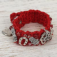 Macrame wristband bracelet, 'Crimson Luck' - Red Macrame Wristband Charm Bracelet from Mexico