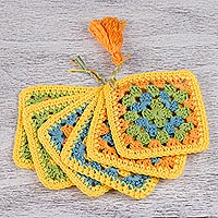 Cotton coasters Happiness of Colors in Canary set of 6 Mexico