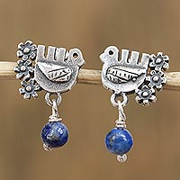 Lapis lazuli dangle earrings, 'Serenity Dove' - Floral Dove Lapis Lazuli Dangle Earrings from Mexico
