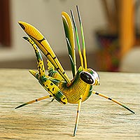 Wood alebrije sculpture, 'Yellow Good Luck Cricket' - Wood Alebrije Cricket Sculpture in Yellow from Mexico