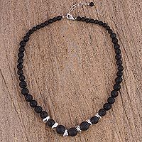 Lava stone and sterling silver beaded necklace,