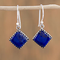 Lapis lazuli dangle earrings, 'Blue Crowns' - Square Lapis Lazuli Dangle Earrings from Mexico