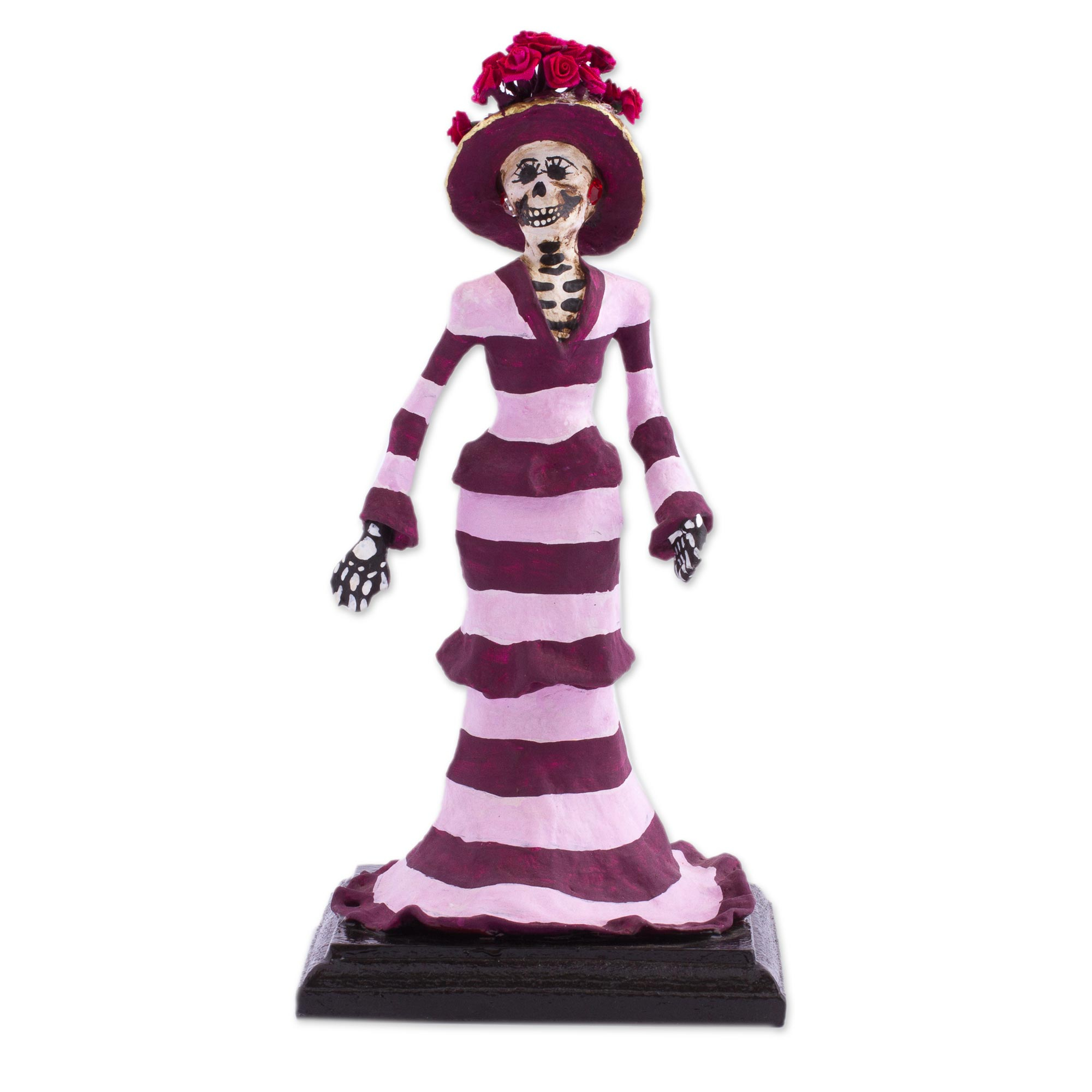 Papier Mache Catrina Sculpture With Stripes From Mexico Striped