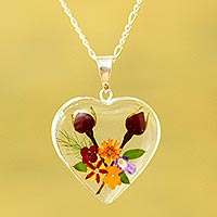 Natural flower pendant necklace, 'Flowering Heart' - Heart-Shaped Natural Flower Pendant Necklace from Mexico