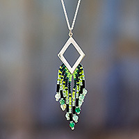 Agate pendant necklace, 'Green Diamond' - Handmade 925 Silver and Agate Necklace with Seed Beads