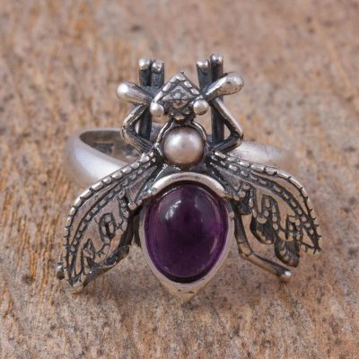 Amethyst and Cultured Pearl Sterling Silver Beetle Ring