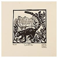 'Coatimundi' - Mexico 4-Inch Signed Linoleum Block Print of a Coatimundi