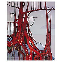 Giclee print on canvas, 'Red Tree with Golden Roots' - Color Giclee Print on Canvas of a Red Tree from Mexico