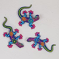 Ceramic wall art, 'Lizard Fun' (set of 3) - Hand Painted Mexican Ceramic Wall Art Lizards (Set of 3)