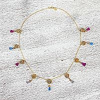 Gold accented pine needle station necklace,