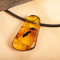 Amber and leather pendant necklace, 'Timeless Honey' - Natural Amber Black Cord Pendant Necklace from Mexico