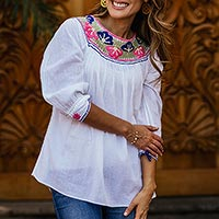 Cotton blouse, 'Ocosingo Dawn' - Embroidered White Cotton Blouse with 3/4 Length Sleeves