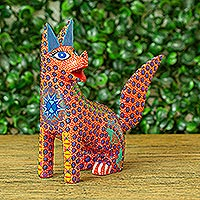 Wood alebrije figurine, 'Loco Lobo' - Multicolored Wolf Alebrije Figurine Handmade in Mexico