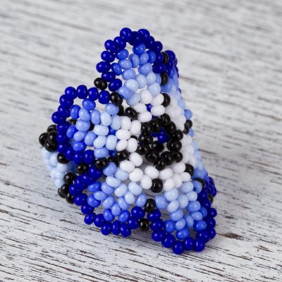 Glass Beaded Floral Cocktail Ring in Blue from Mexico
