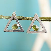 Peridot drop earrings, 'Graceful Triangles' - Sterling Silver and Peridot Triangle Drop Earrings