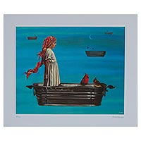 Giclee print on canvas, 'Cardinal Passage' - Signed Giclee Print of a Girl with Cardinals from Mexico