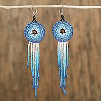 Glass beaded waterfall earrings, 'Foam of the Sea' - Glass Beaded Waterfall Earrings in Blue from Mexico