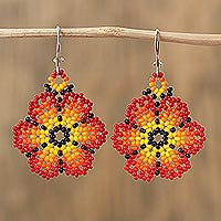Glass beaded dangle earrings, 'Blazing Flowers' - Glass Beaded Floral Dangle Earrings in Red from Mexico