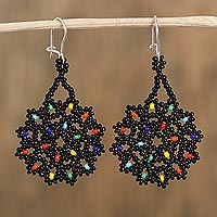 Dark Glass Beaded Dangle Earrings from Mexico,'Dark Colorful Stars'