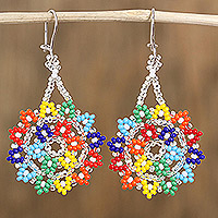 Glass beaded dangle earrings, 'Colors of Happiness' - Multicolored Glass Beaded Dangle Earrings from Mexico