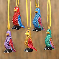 Wood alebrije ornaments, 'Sweet Penguins' (set of 5) - Wood Alebrije Penguin Ornaments (Set of 5) from Mexico
