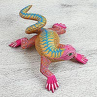 Wood alebrije sculpture, 'Pink Iguana' - Pink and Yellow Wood Iguana Alebrije Sculpture from Mexico
