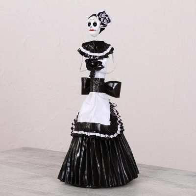 Papier mache and ceramic statuette, Catrina in Apron Dress