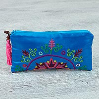 Silk clutch handbag, 'Bright Evening' - Silk Satin Hand Embroidered Turquoise Clutch Handbag