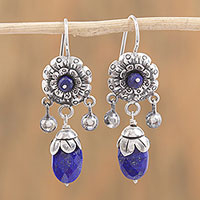 Lapis lazuli dangle earrings, 'Blooming Paradise' - Floral Lapis Lazuli Dangle Earrings from Mexico