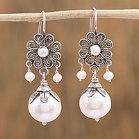 Cultured pearl dangle earrings, 'Glowing Blooms' - Cultured Pearl Flower Dangle Earrings from Mexico