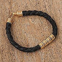 Gold plated braided leather pendant bracelet,