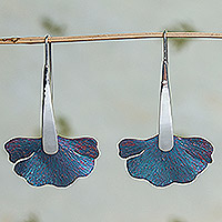 Titanium drop earrings, 'Blue Betta' - Titanium and Sterling Silver Drop Earrings from Mexico