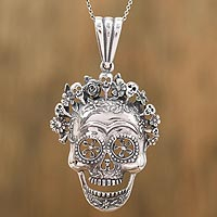 Sterling silver pendant necklace, 'Catrina Crown' - Sterling Silver Catrina Pendant Necklace from Mexico