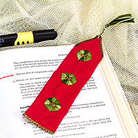 Cotton bookmark, 'Storyteller' - Red Hand Woven Cotton Bookmark with Embroidery