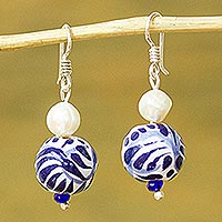 Cultured pearl and ceramic bead dangle earrings, 'Indigo Bloom' - Cultured Pearl and Ceramic Puebla-Style Bead Dangle Earrings