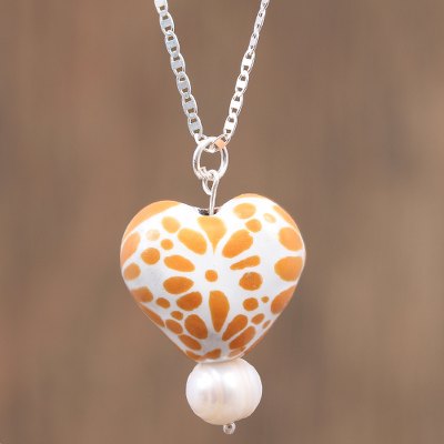 Cultured pearl and ceramic pendant necklace, Warm Glow