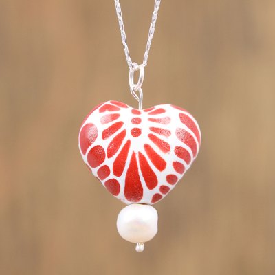 Cultured pearl and ceramic pendant necklace, Heart Bouquet