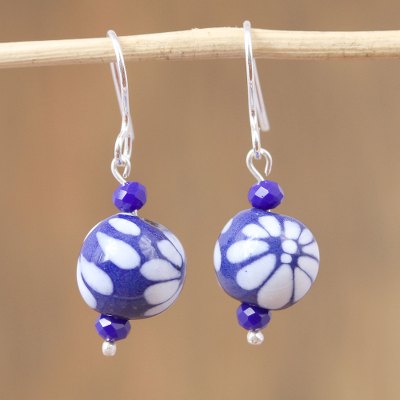 Ceramic beaded dangle earrings, Twilight Flower