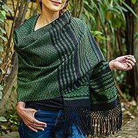 Cotton rebozo shawl, 'Evening Drama' - Green on Black Handwoven Fringed Mexican Rebozo Shawl