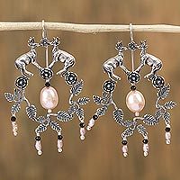 Cultured pearl and agate dangle earrings,