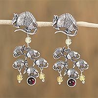Garnet and amber dangle earrings,