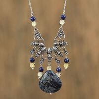 Lapiz lazuli and amber pendant necklace,