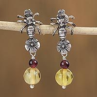 Amber and garnet dangle earrings,