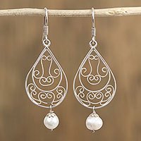 Cultured pearl filigree dangle earrings,