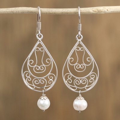 Cultured pearl filigree dangle earrings, Ornate Tears