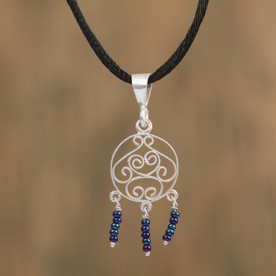 Glass beaded filigree pendant necklace, Curves in the Sky