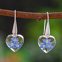 Natural flower dangle earrings, 'Blue Flowery Hearts' - Heart-Shaped Natural Blue Flower Earrings from Mexico