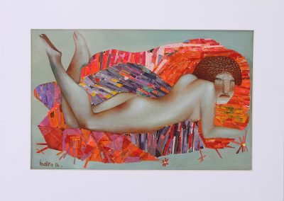 'Nude with Orange Pillows' - Signed Mixed Media Painting in Orange from Mexico