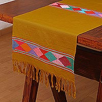 Cotton table runner, 'Harvest Fiesta' - Mustard Yellow Cotton Hand Woven Diamond Motif Table Runner